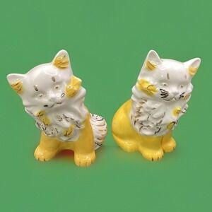 Pair of Vintage Cat Figurines - Yellow, White, Gold - Kitschy Kittens 4.5"